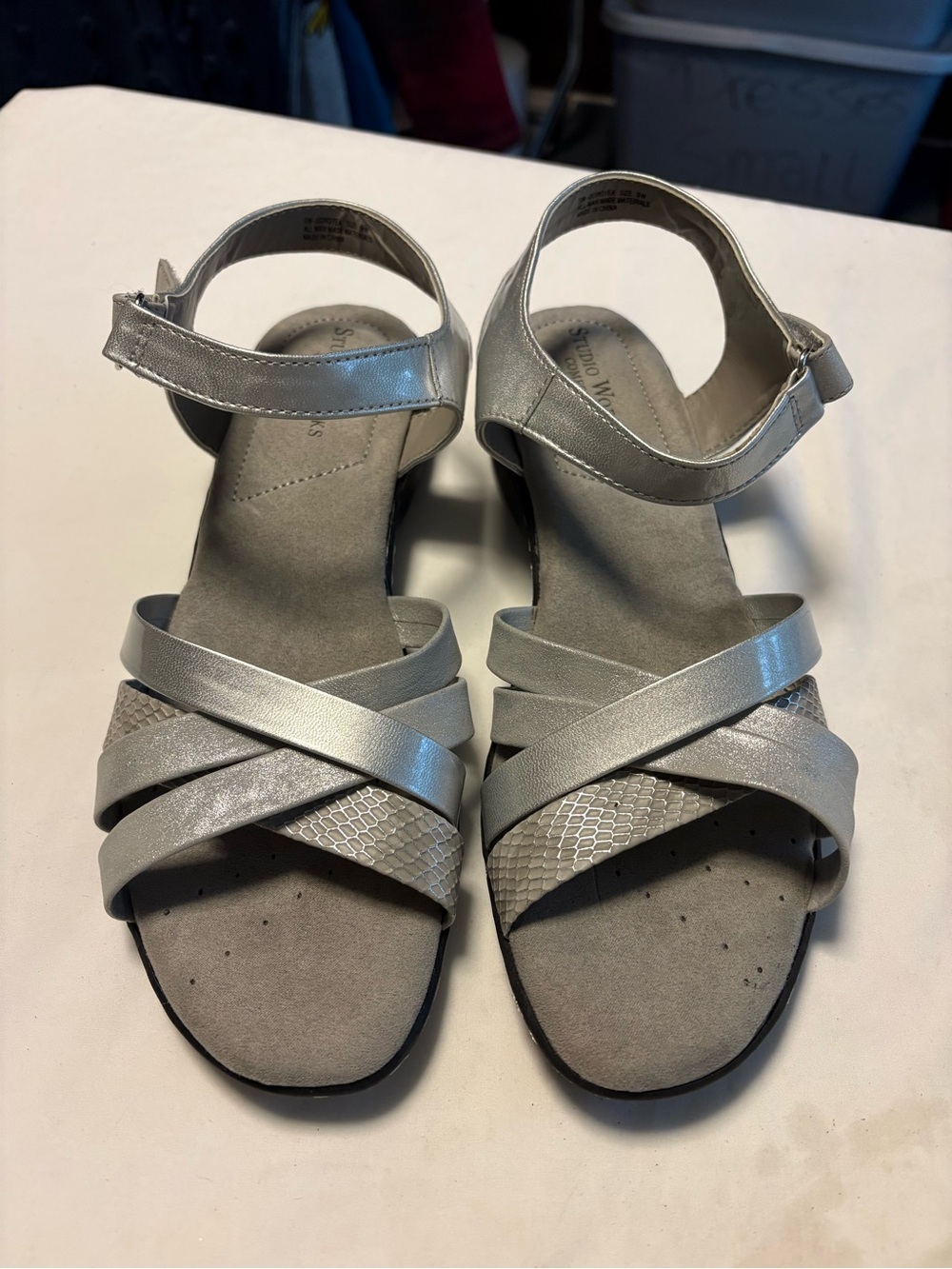 Studio Works Silver Metallic Crisscross Velcro Ankle-Strap Sandals